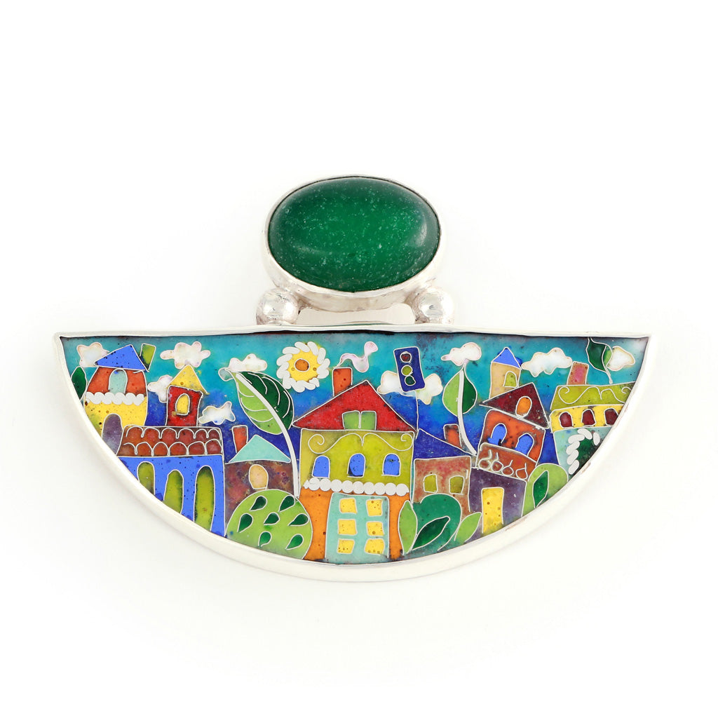 Handmade Enamel Pendant in shape of Half Moon with Natural Green Agata stone, beautiful enamel pattern inspired by picturesque Tbilisi buildings and streets. This pictures displays pendant on white background