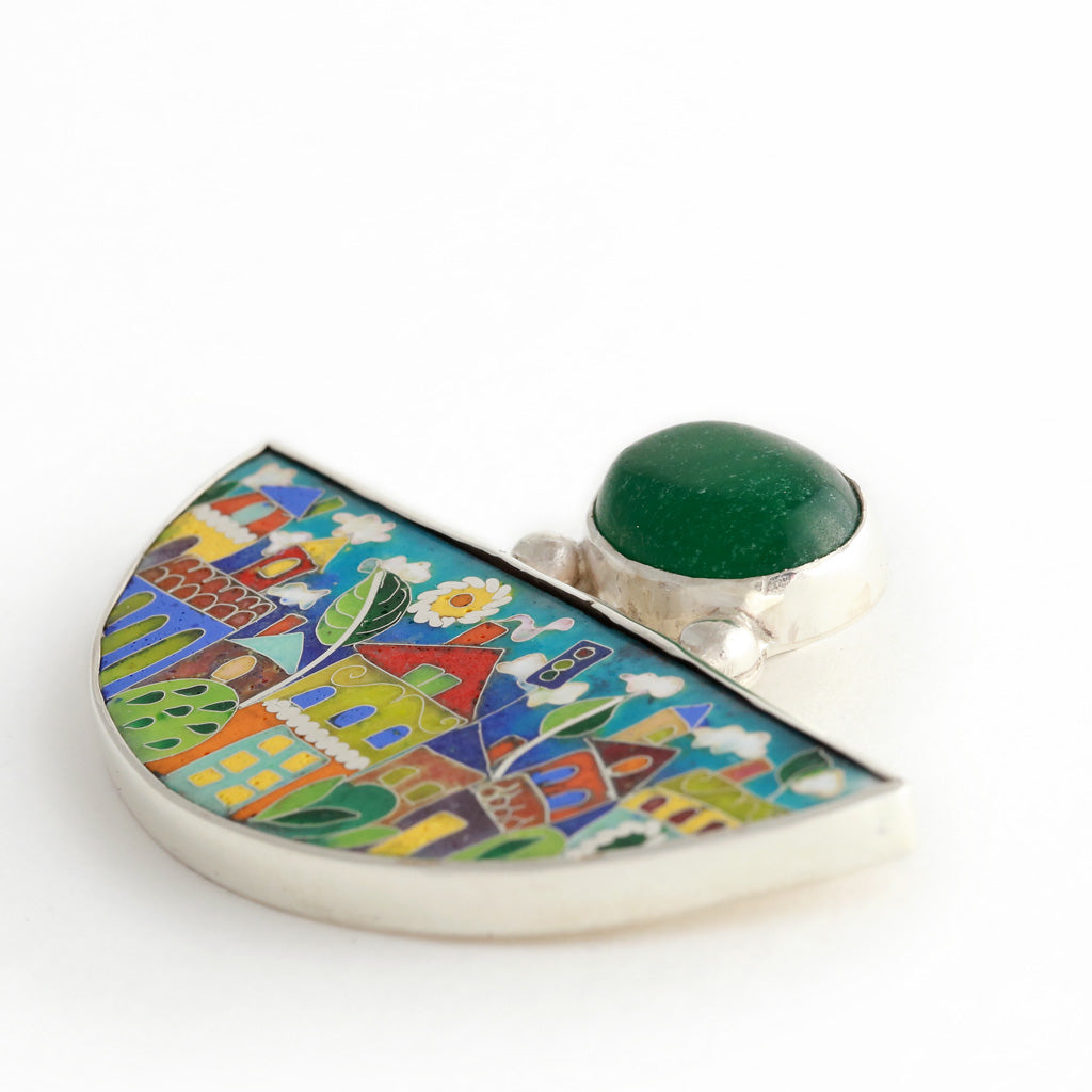 Handmade Enamel Jewelry, This Enamel Pendant in shape of Half Moon with Natural Green Agata stone, beautiful enamel pattern inspired by picturesque Tbilisi buildings and streets. This pictures displays pendant on white background