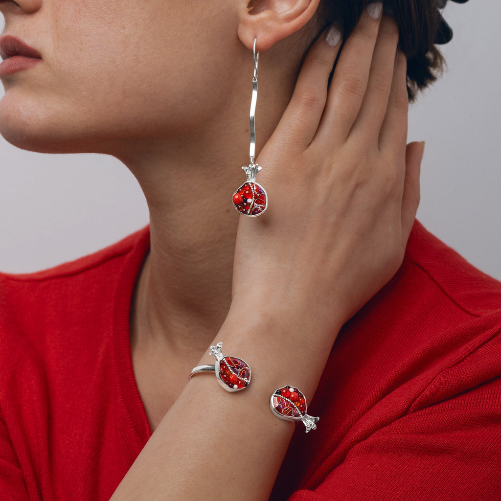 Pomegranate Enamel Dangle Earrings and Cuff Bracelet from KIMILI