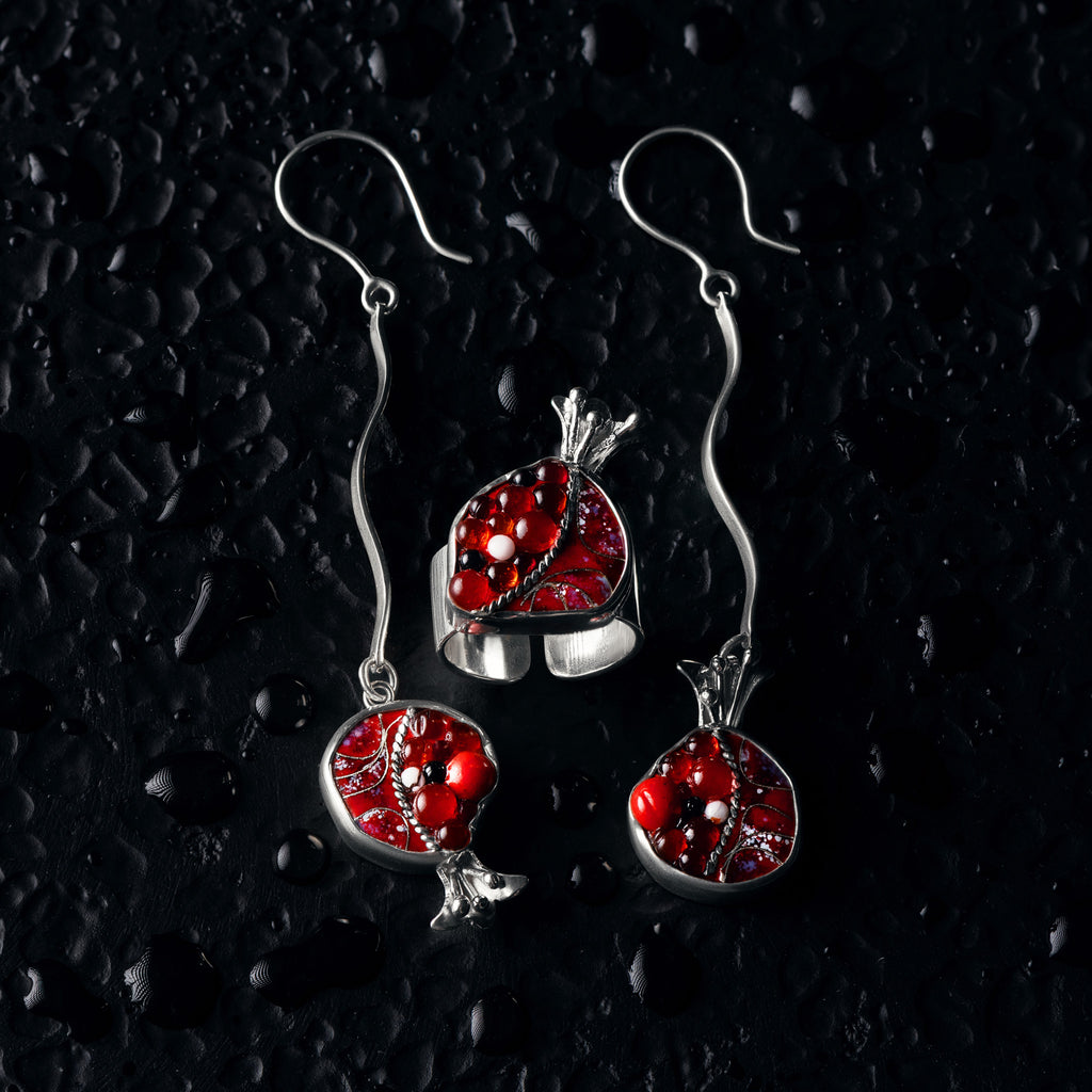 Pomegranate Enamel Small Ring and Dangle Earrings in Sterling Silver from KIMILI