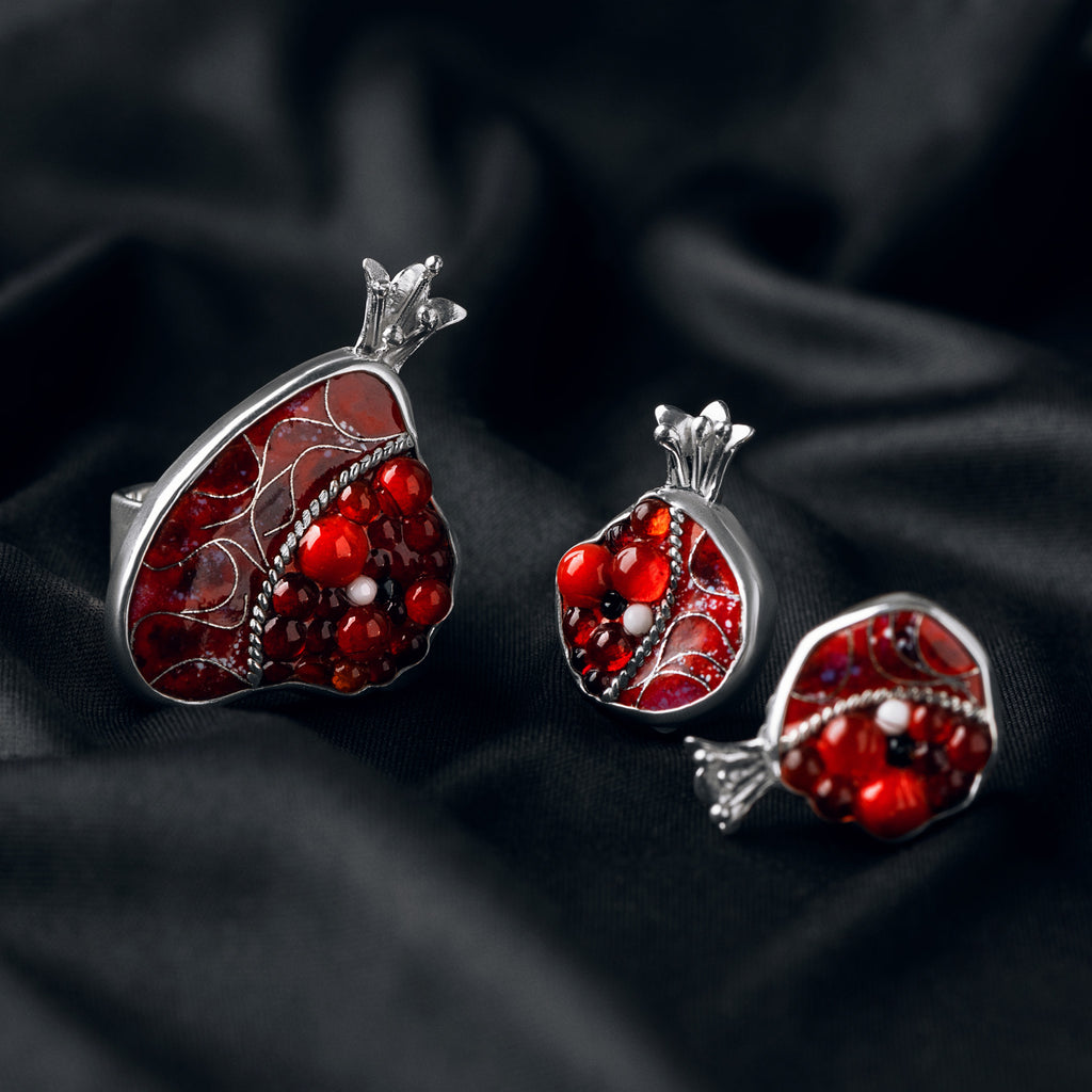 Pomegranate Enamel Pin Earrings and Ring from KIMILI