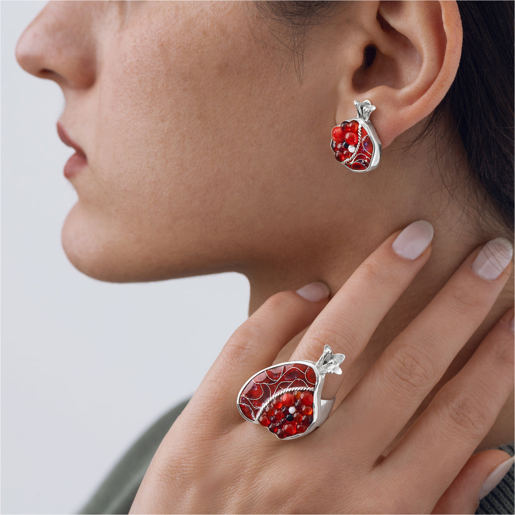 Pomegranate Enamel Medium Ring and Pin Earrings in Sterling Silver from KIMILI