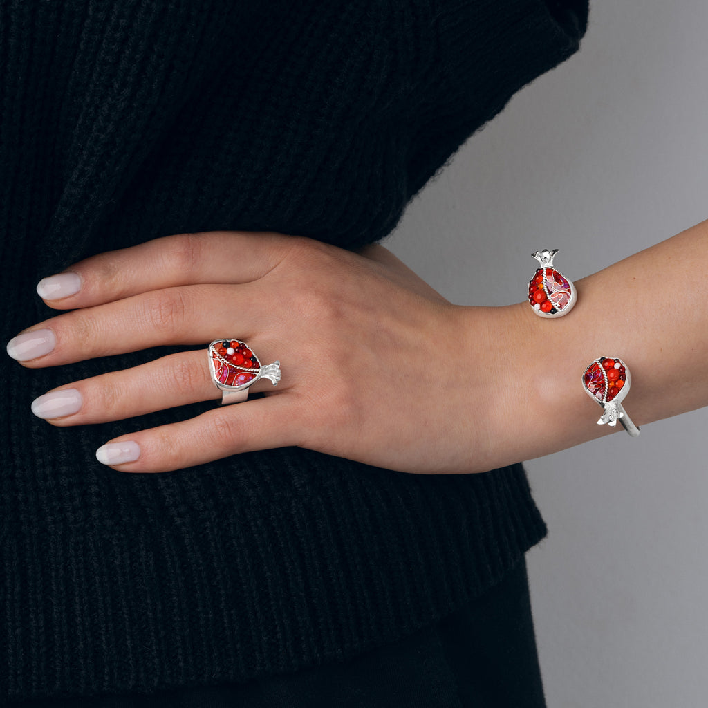 Enamel Cuff Bracelet  and Ring with Pomegranates in Sterling silver from KIMILI